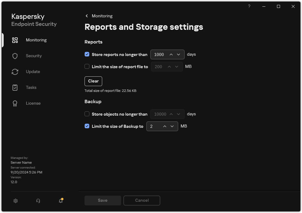 Reports and Storage settings window. The user can set the size and limit the storage time of reports and objects in the repository.