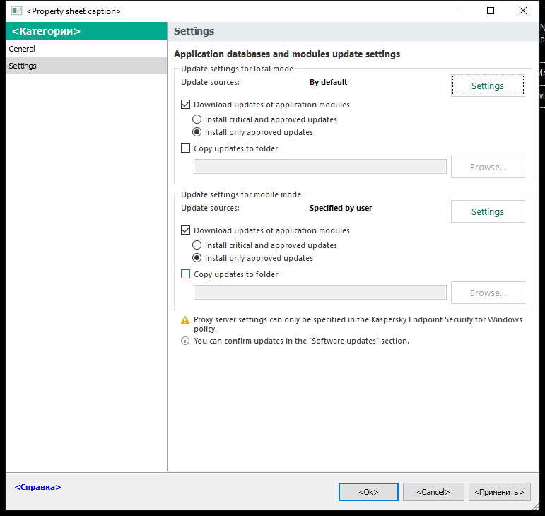 The Update task settings window. The user can configure the update in local and mobile modes.