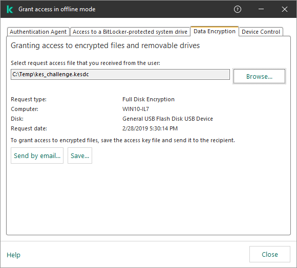 The window contains a field for selecting request access file. The user can save the generated access key file to disk or send it by email.