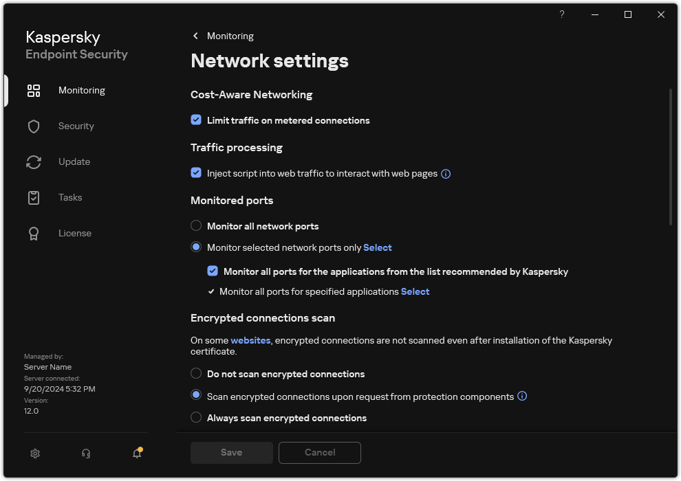 Application network settings window.