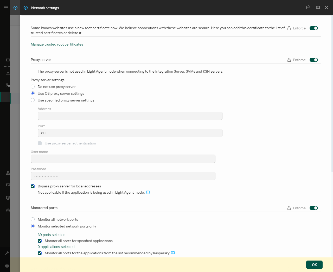 Application network settings window. The user can configure proxy server settings.