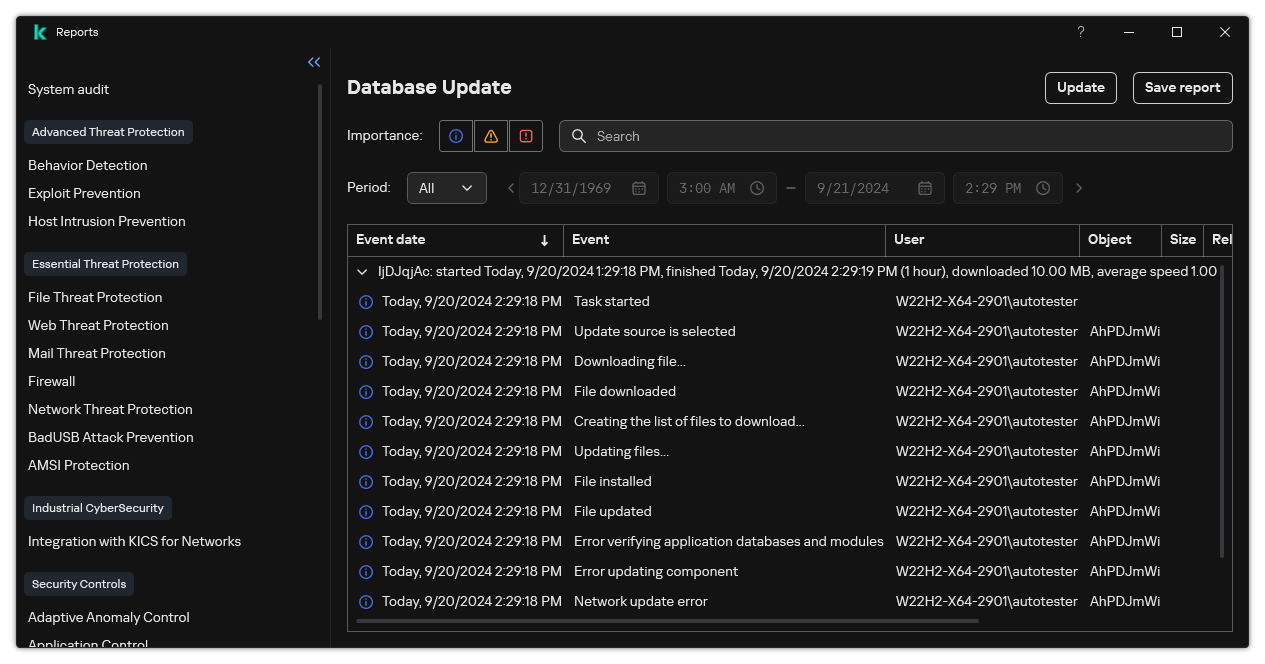 A window with the list of events in the report. The user can filter/sort events and save reports to a file.