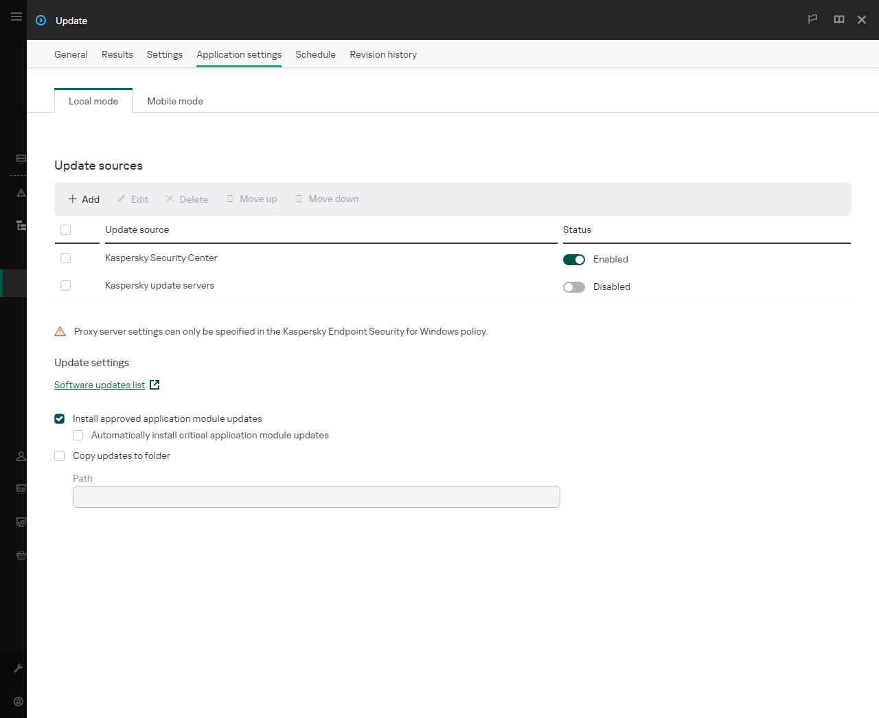 A window with the list of update sources. The user can add update sources and assign a priority to the source.