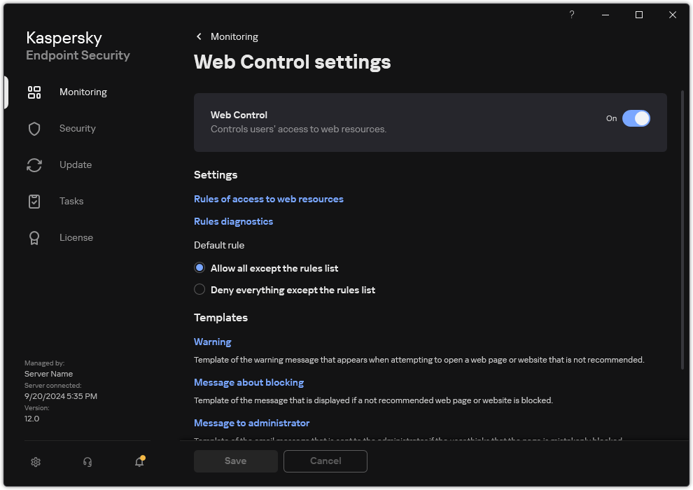 Web Control settings window.