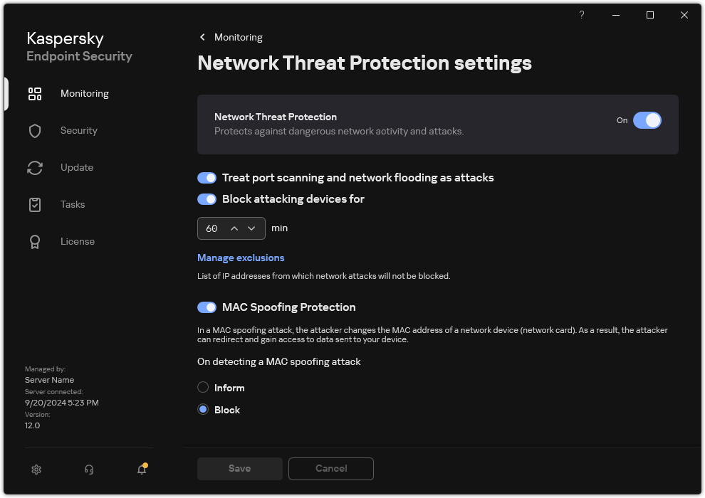 Network Threat Protection settings window