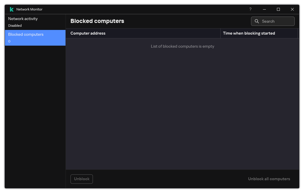 Network Monitor window with a list of blocked computers. You can unblock individual computers or all computers.