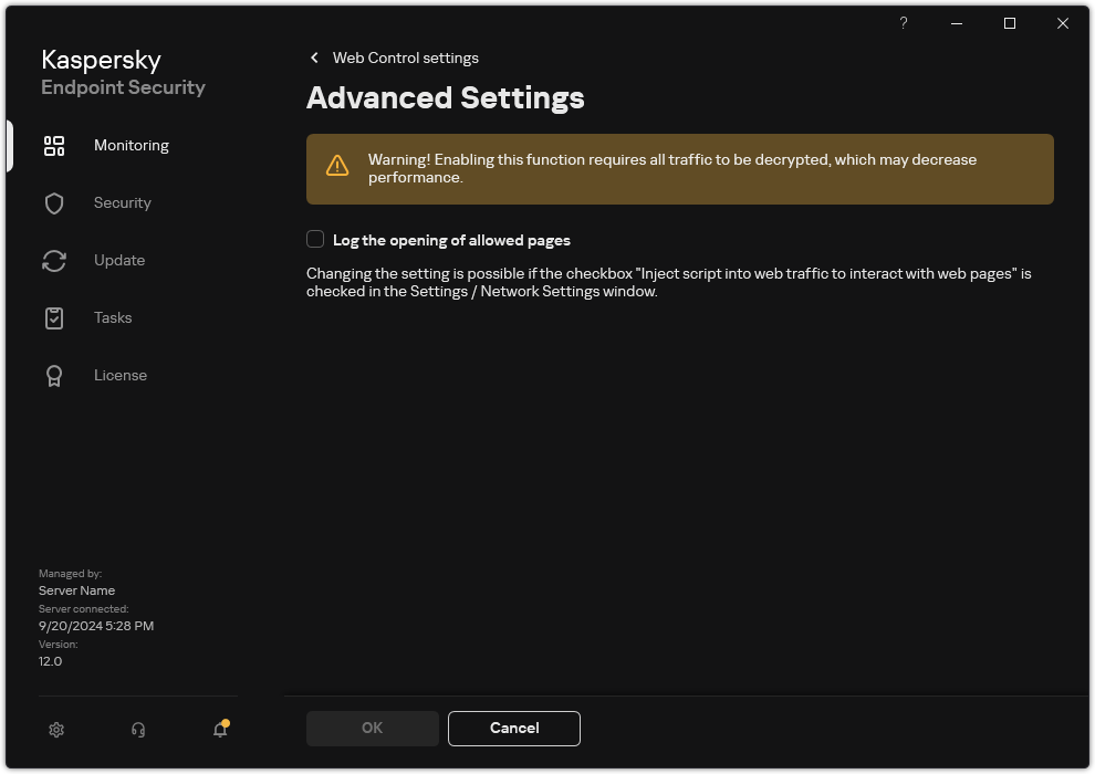 Web Control advanced settings window.