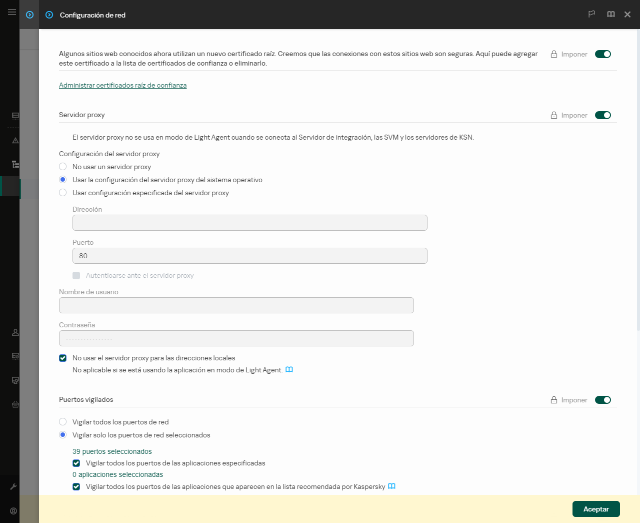 Ventana Configuración de red de la aplicación. El usuario puede configurar el servidor proxy.