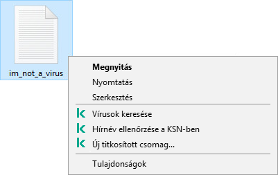 Fájl helyi menüje Kaspersky-elemekkel: kártevő vizsgálata, megbízhatóság ellenőrzése a KSN-ben, titkosított archívum létrehozása.