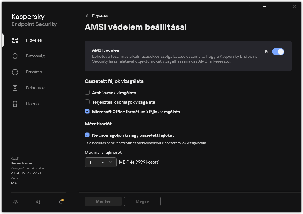 AMSI védelem beállításai ablak.