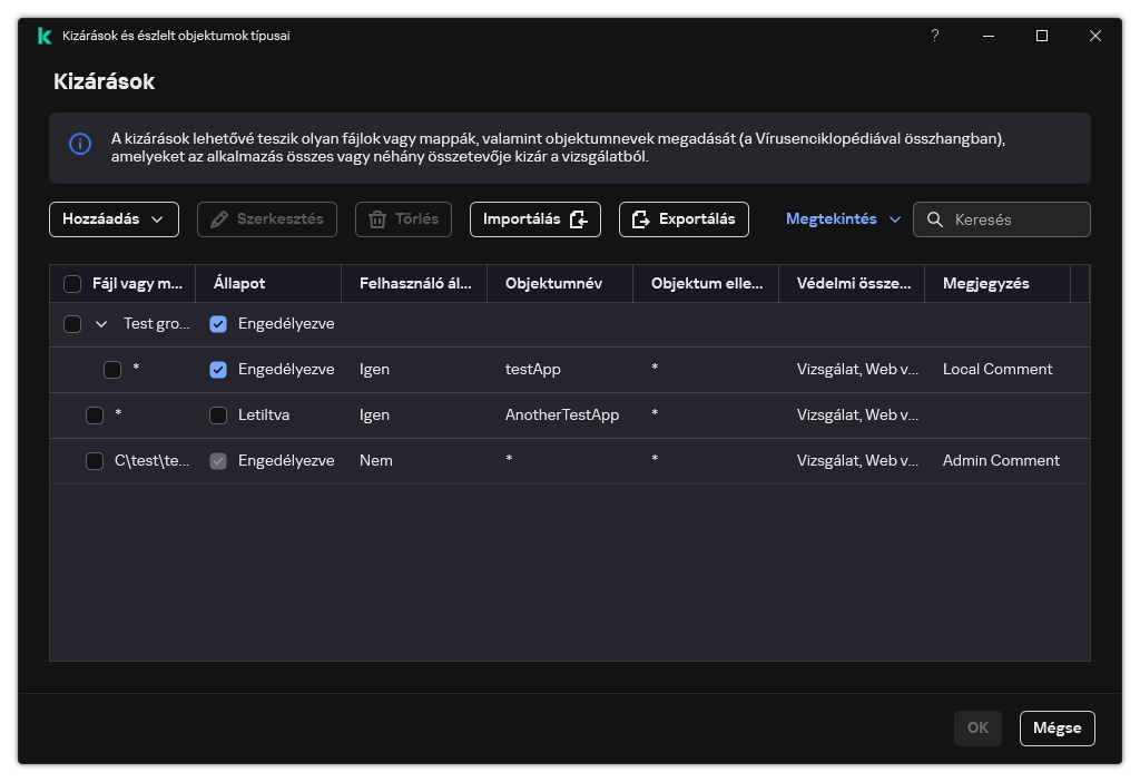Egy ablak a kizárások listájával. Megjelennek a kizárási tulajdonságok. A felhasználó hozzáadhat, szerkeszthet vagy törölhet kizárásokat.