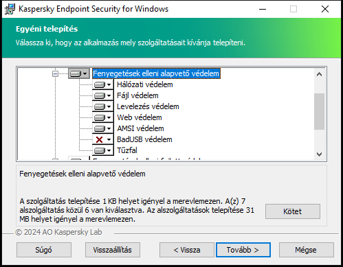Telepítőablak azon összetevők listájával, amelyeket a felhasználó kiválaszthat.
