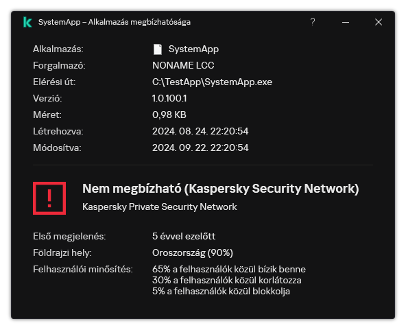 Az ablak információkat tartalmaz a fájl megbízhatóságáról és egyéb adatokról, például a digitális aláírás meglétéről.