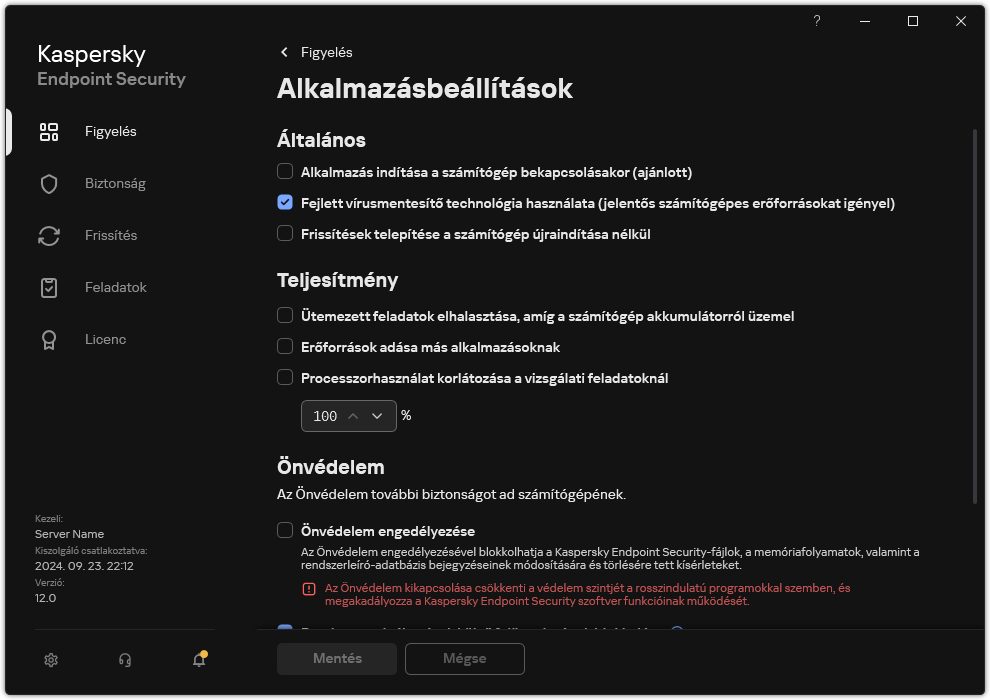 Alkalmazásbeállítások ablak. A felhasználó konfigurálhatja a teljesítményt, az önvédelmet és az egyéb beállításokat.