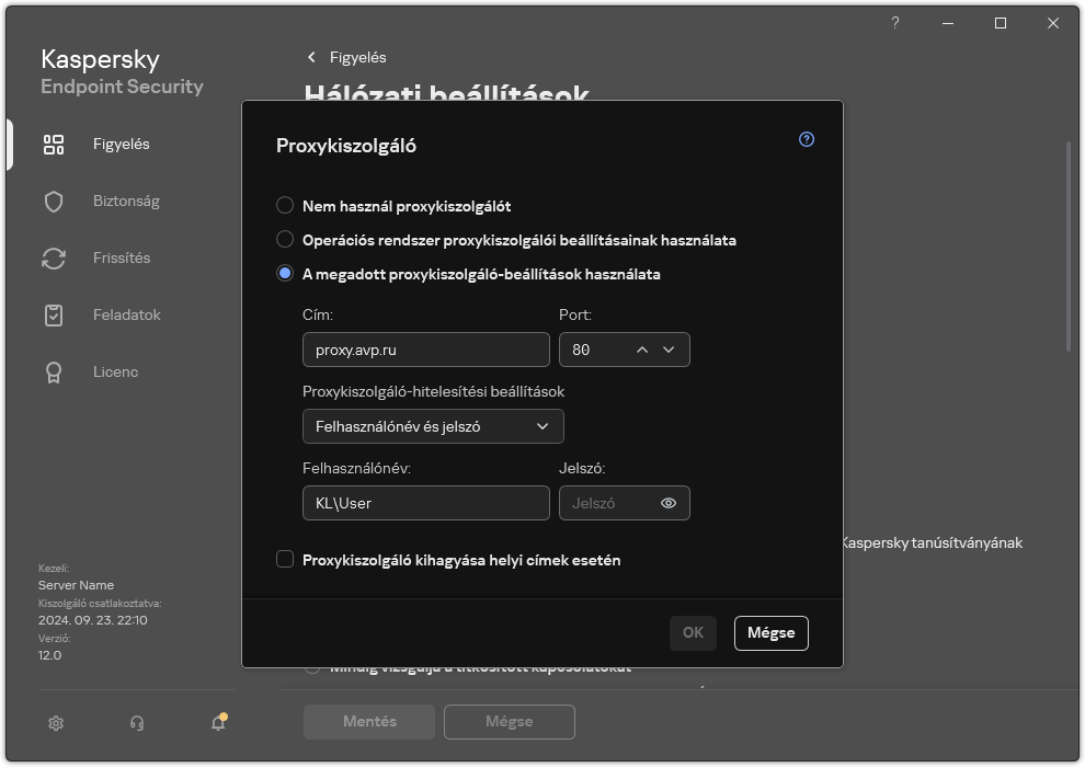 A proxykiszolgáló kapcsolat konfigurálására szolgáló ablak. A felhasználó beállíthatja a proxykiszolgáló címét és a proxykiszolgálói csatlakozáshoz szükséges hitelesítési adatokat.