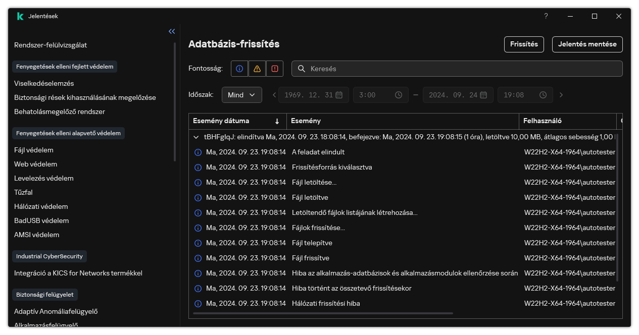 Egy ablak a jelentésben szereplő események listájával. A felhasználó szűrheti/rendezheti az eseményeket, és fájlba mentheti a jelentéseket.