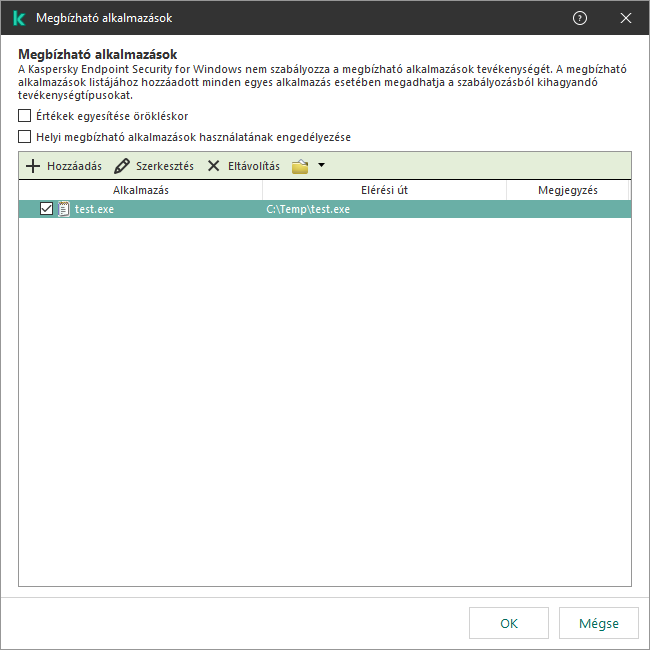 Egy ablak a megbízható alkalmazások listájával. A felhasználó hozzáadhat, szerkeszthet vagy eltávolíthat megbízható alkalmazásokat.