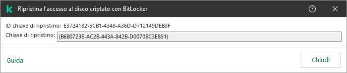 Una finestra con la chiave per ripristinare l'accesso all'unità non di sistema criptata.