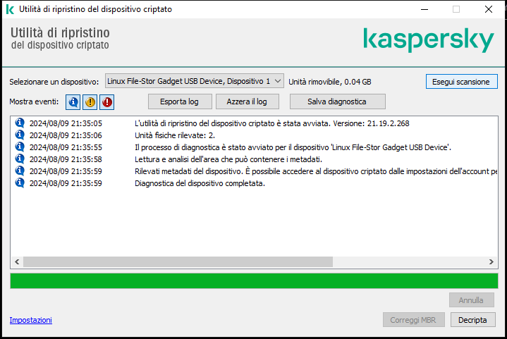Una finestra con l'elenco degli eventi di utilità. L'utente può eseguire la diagnostica e decriptare il dispositivo selezionato.
