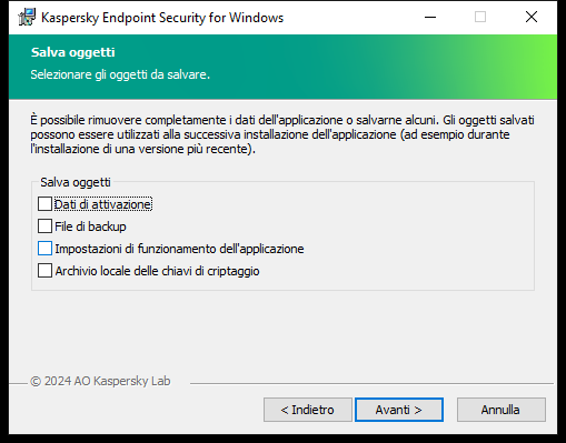 Finestra del programma di installazione con un elenco di oggetti che possono essere salvati dopo aver rimosso l'applicazione.