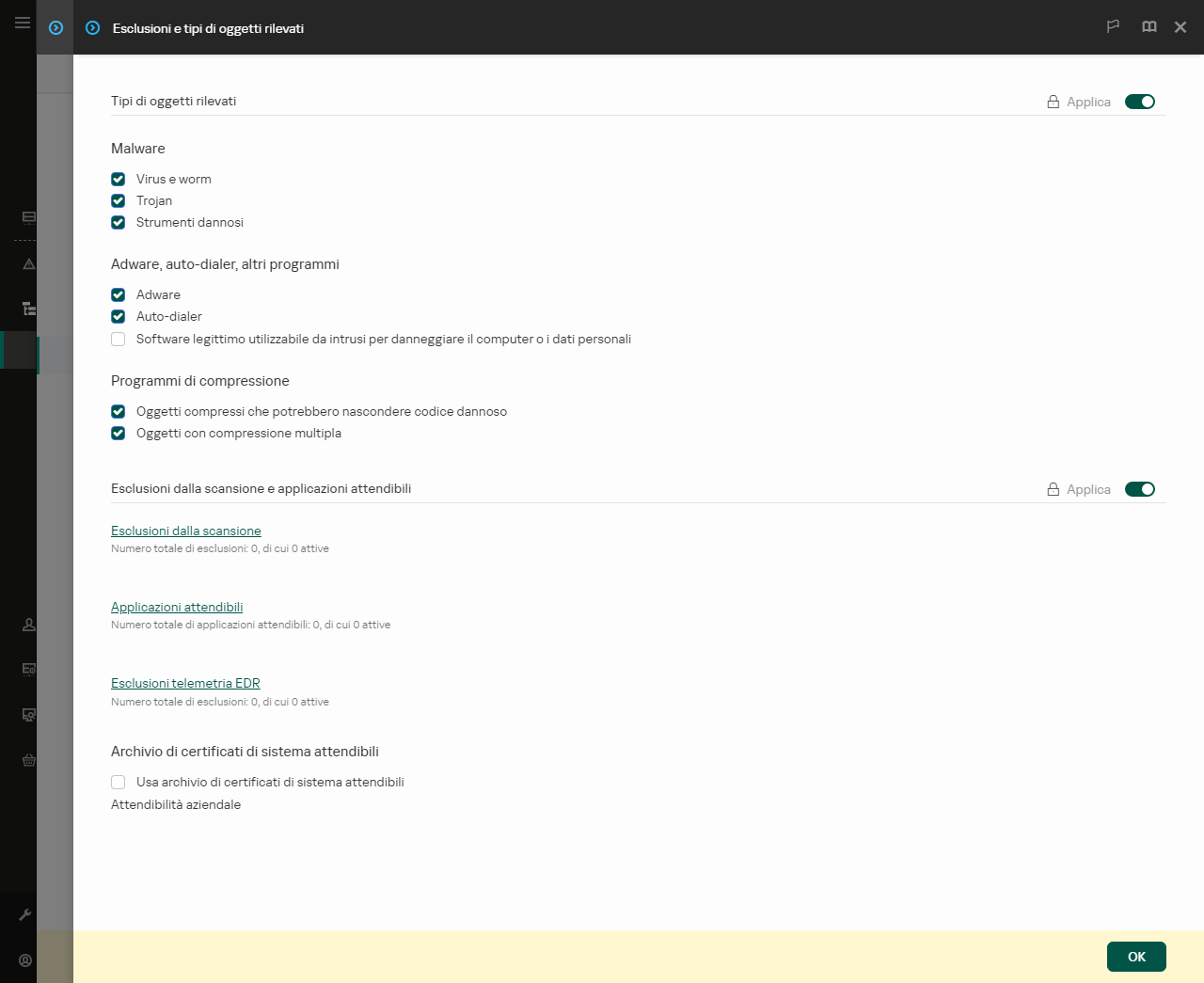 Finestra delle impostazioni di esclusione. L'utente può aggiungere esclusioni e applicazioni attendibili.