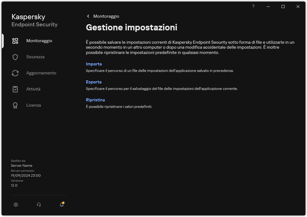 Finestra delle impostazioni di esclusione. L'utente può esportare, importare o ripristinare le impostazioni dell'applicazione.