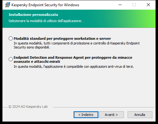 Finestra del programma di installazione con configurazione dell'applicazione: funzionalità complete o Endpoint Detection and Response Agent.