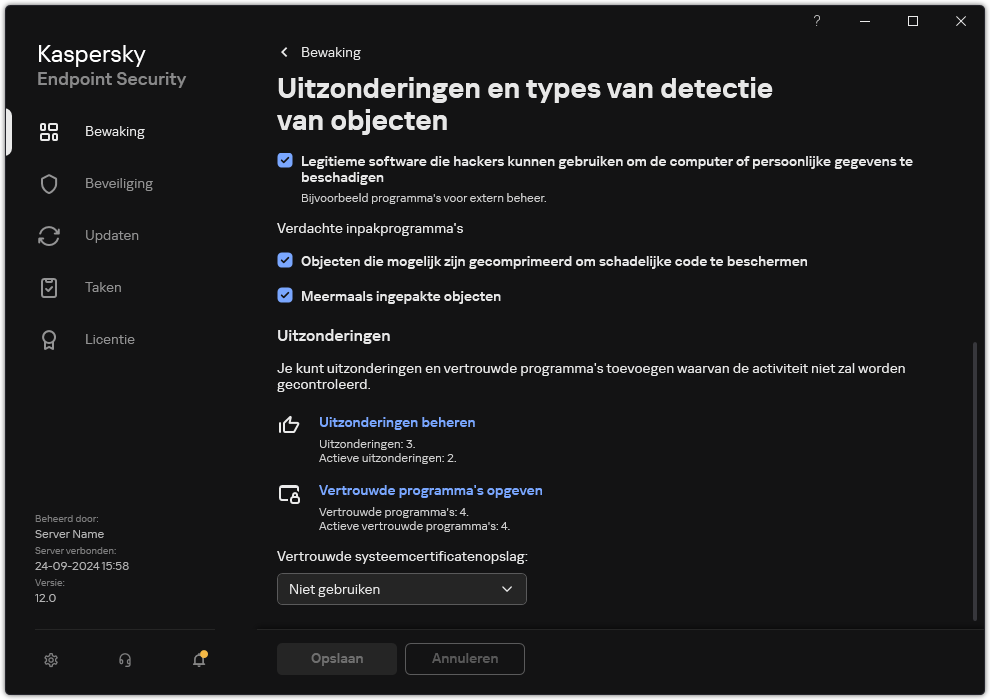 Venster instellingen voor uitzonderingen. De gebruiker kan uitzonderingen en vertrouwde programma's toevoegen.