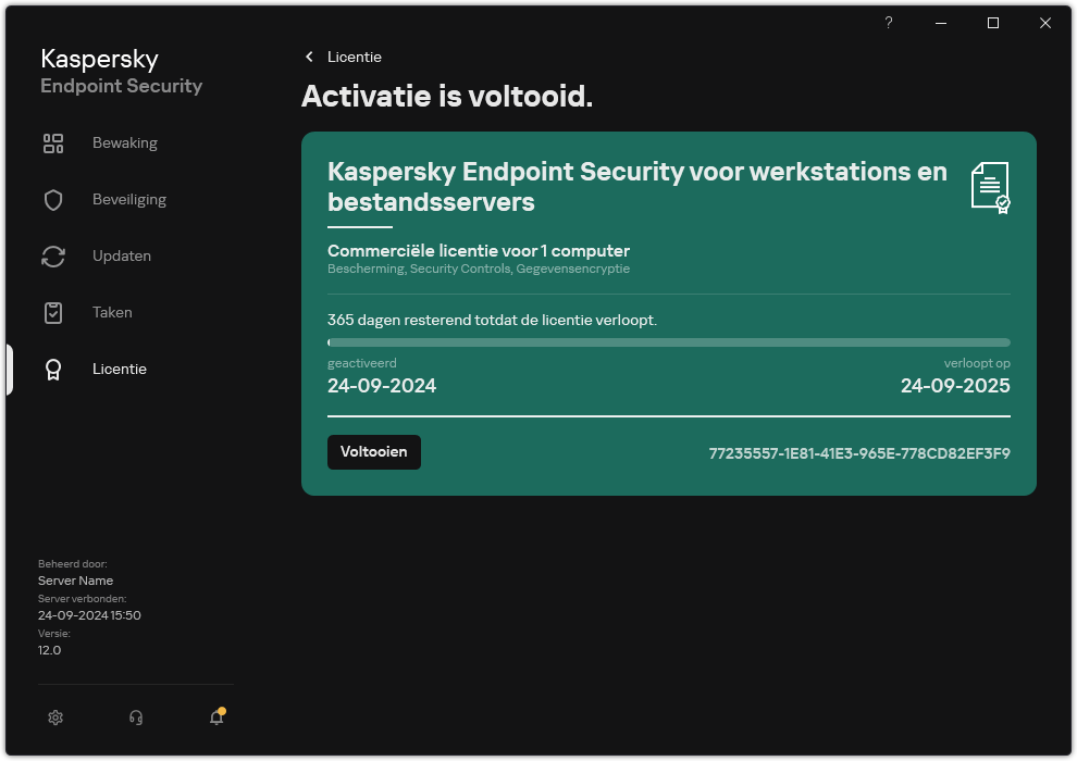 Het venster bevat informatie over de licentie: vervaldatum, beschikbare functies en andere informatie.