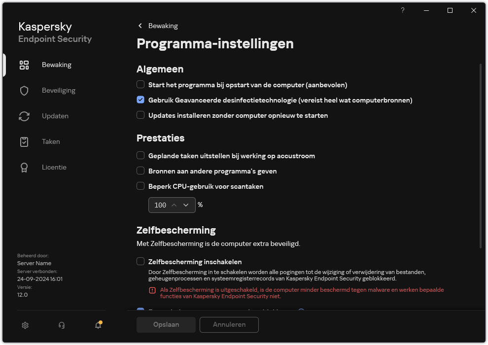Venster programma-instellingen. De gebruiker kan prestaties, zelfverdediging en andere instellingen configureren.