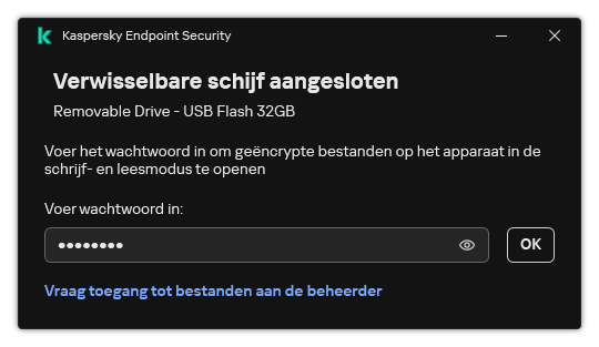 Het venster bevat een wachtwoordinvoerveld. De gebruiker kan een toegangsaanvraag voor een bestand maken.