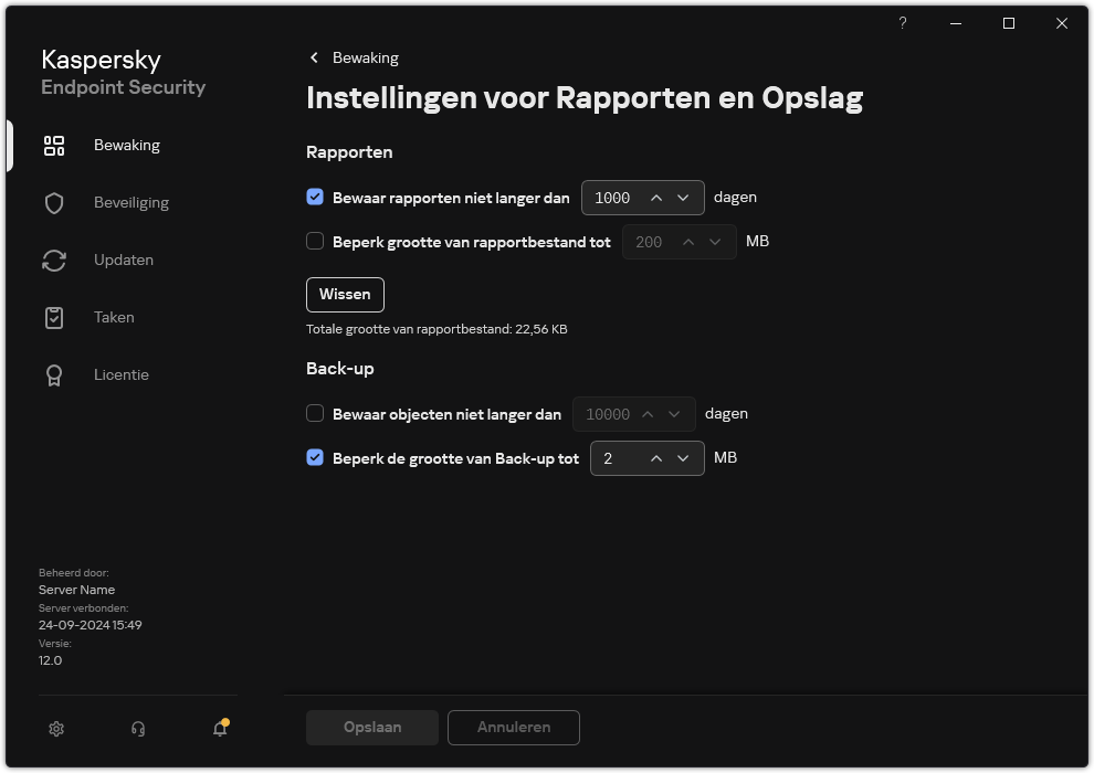 Venster Rapporten en opslaginstellingen. De gebruiker kan de grootte instellen en de opslagtijd beperken van rapporten en objecten in de opslagplaats.