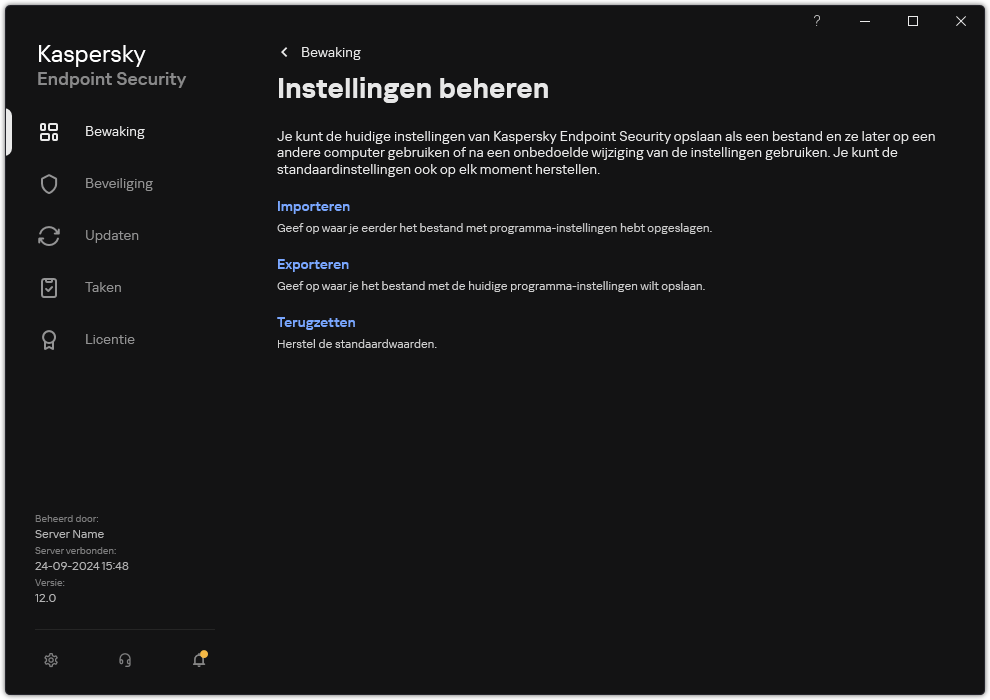 Venster instellingen voor uitzonderingen. De gebruiker kan programma-instellingen exporteren, importeren of herstellen.