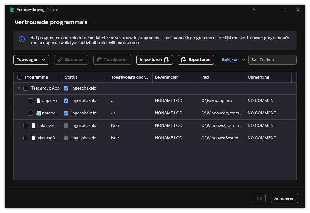 Een venster met de lijst met vertrouwde programma's. De gebruiker kan een vertrouwd programma toevoegen, bewerken of verwijderen.