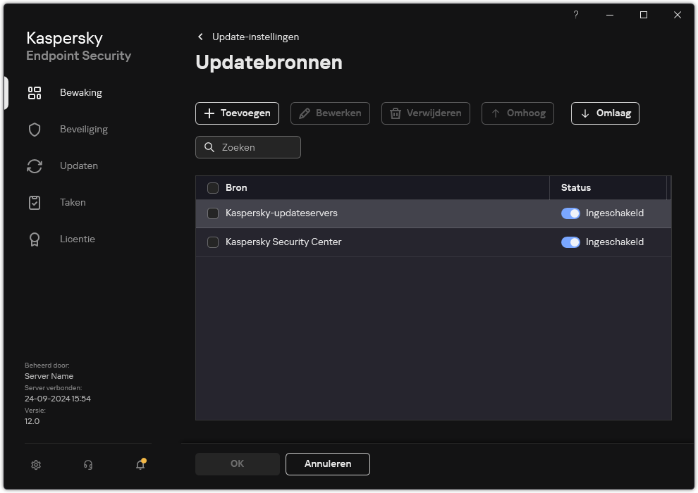 Een venster met de lijst met updatebronnen. De gebruiker kan updatebronnen toevoegen en een prioriteit aan de bron toewijzen.
