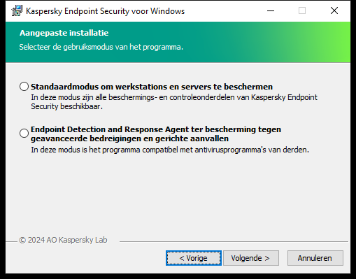 Installatievenster met configuratie van het programma: volledige functionaliteit of Endpoint Detection and Response Agent.