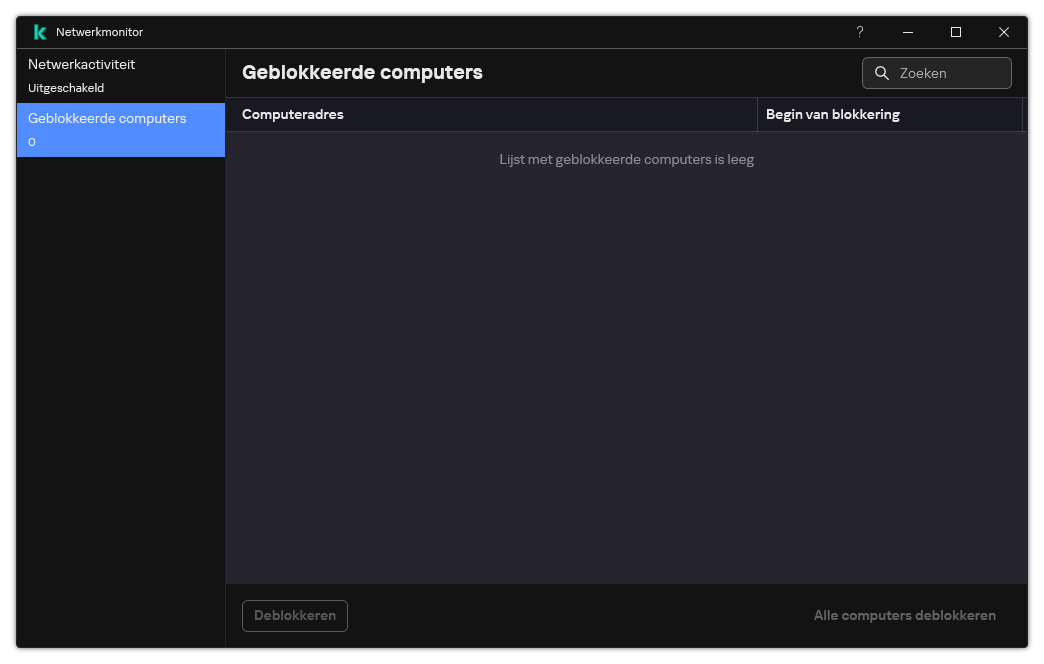 Network Monitor-venster met een lijst met geblokkeerde computers. U kunt afzonderlijke computers of alle computers deblokkeren.