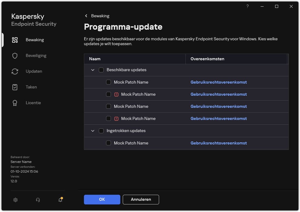 Venster met een lijst met beschikbare patches. De gebruiker kan patches selecteren en de algemene voorwaarden van de overeenkomsten accepteren.