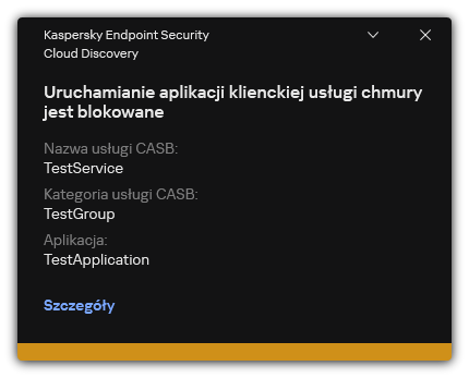 Powiadomienie o zablokowaniu usługi w chmurze. Użytkownik może przeglądać szczegółowe informacje o regule.
