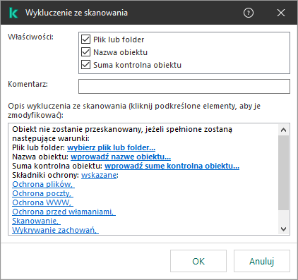 Okno z narzędziami wyboru wykluczeń. Użytkownik może wybrać plik lub folder, wprowadzić nazwę obiektu lub sumę kontrolna.