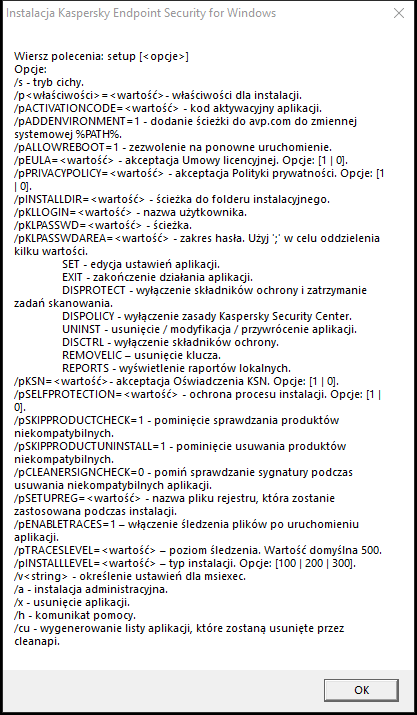 Okno podpowiedzi opisujące opcje poleceń umożliwiające instalację aplikacji za pomocą wiersza poleceń.