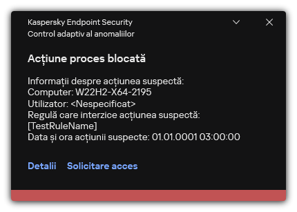 Notificare despre declanșarea unei reguli. Utilizatorul poate crea o solicitare pentru a permite o acțiune de proces.