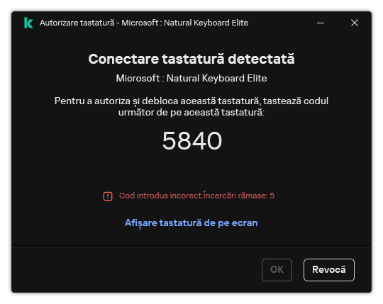 Fereastra cu codul de autorizare a tastaturii. Utilizatorul poate activa tastatura de pe ecran și poate introduce codul.