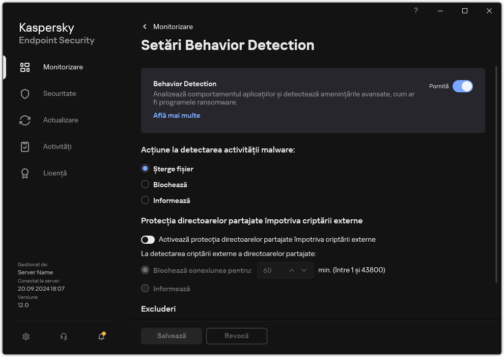 Fereastra de setări Behavior Detection.