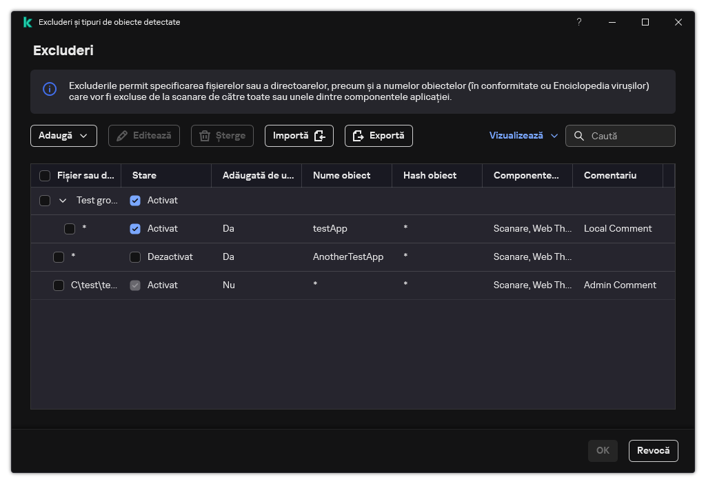 O fereastră cu lista de excluderi. Sunt afișate proprietățile excluderii. Utilizatorul poate adăuga, edita sau șterge excluderi.
