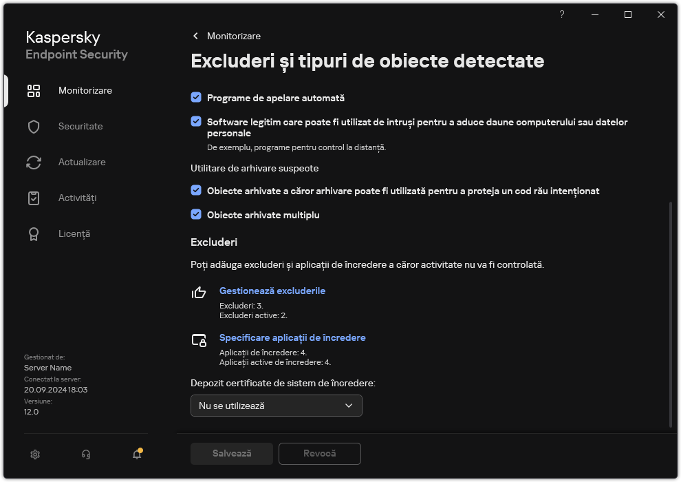 Fereastra cu setările excluderilor. Utilizatorul poate adăuga excluderi și aplicații de încredere.