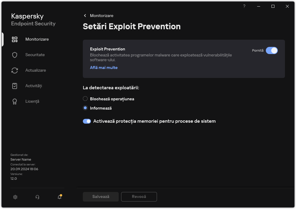 Fereastra de setări Exploit Prevention