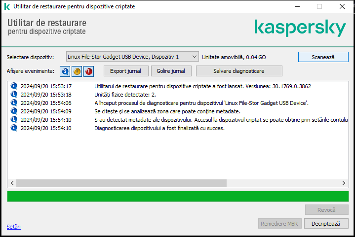 O fereastră cu lista evenimentelor utilitarului. Utilizatorul poate executa diagnosticarea și decripta dispozitivul selectat.
