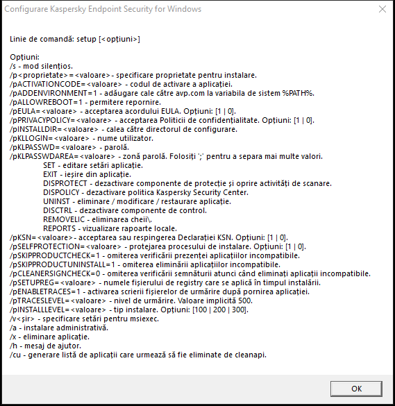Fereastra Sfat ecran care descrie opțiunile de comandă pentru instalarea aplicației prin CMD.