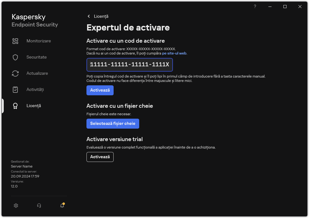 Fereastra cu instrumentele de activare a aplicației. Utilizatorul poate introduce un cod de activare sau poate selecta un fișier cheie.